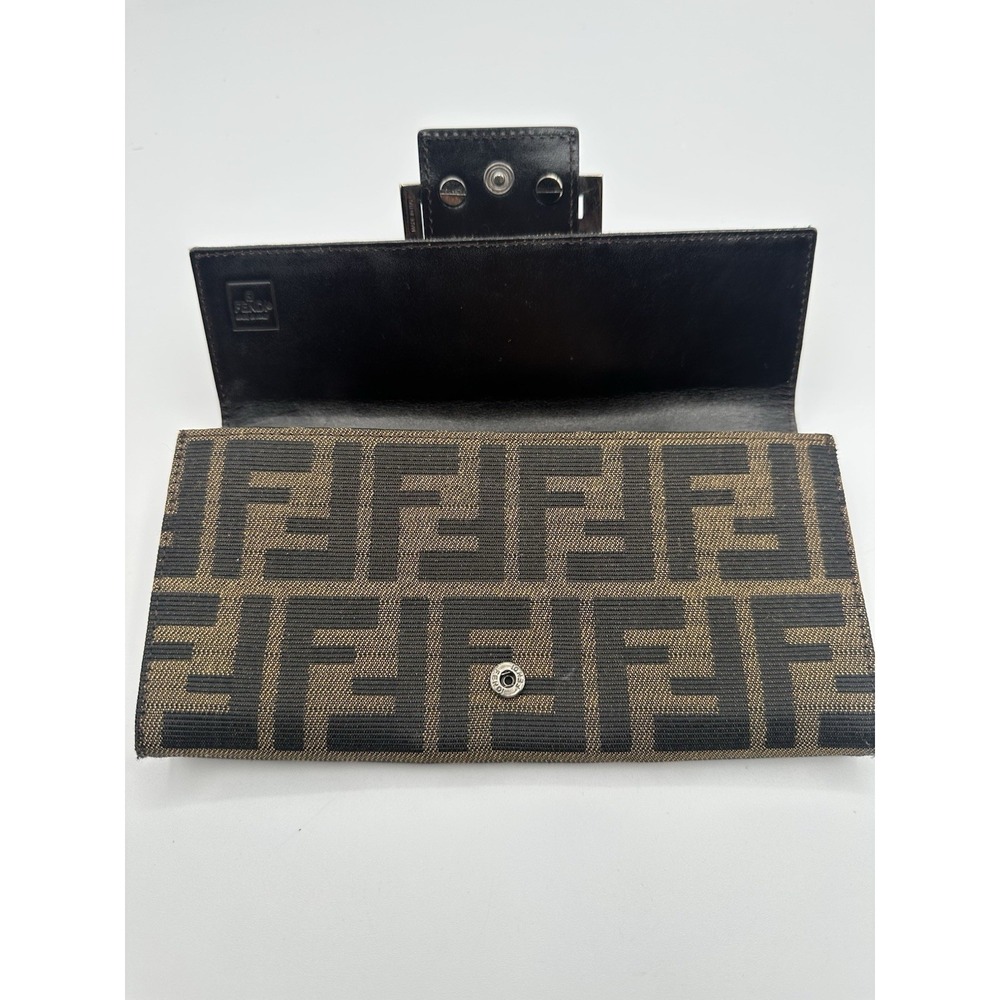 Fendi Zucca Print Wallet Brown Canvas Leather Trim FF Logo Buckle Silver Tone - Picture 4 of 9